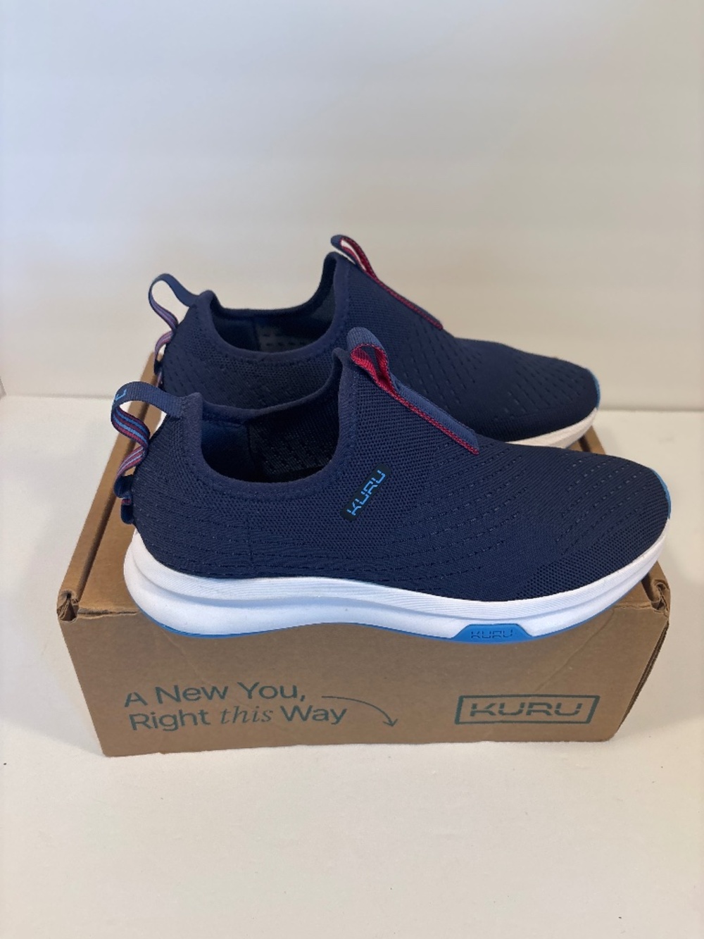 Women’s NWB New Kuru Atom Slip On Navy Blue Knit Sneakers 9.5